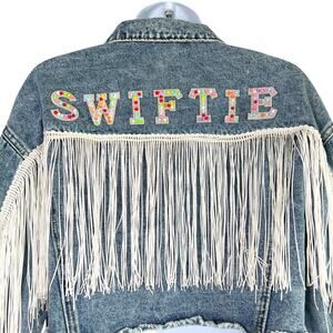 Taylor Swift SWIFTIE Upcycled Fringe Bling Cropped Denim Jean Jacket Size Medium